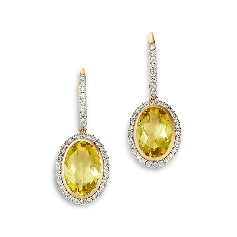 Fine Collection Lemon Quartz & Diamond Halo Drop Earrings in 14K Yellow Gold