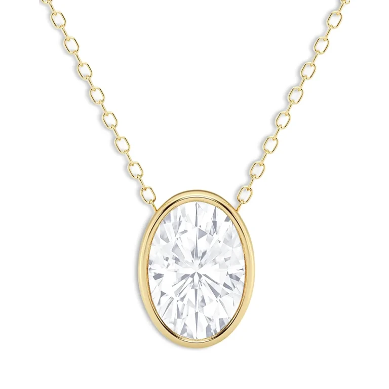 Certified Lab Grown Oval Cut Diamond Bezel Set Pendant Necklace in 18K Yellow Gold, 3.0 tcw