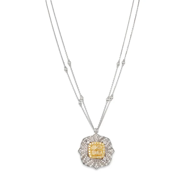 Yellow & White Diamond Vintage Look Pendant Necklace in 14K Yellow & White Gold, 2.90 tcw