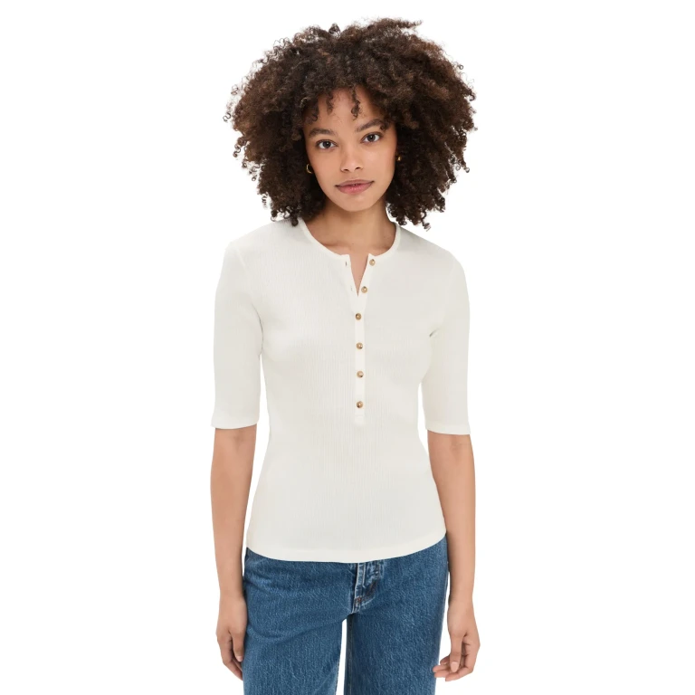 Vince Rib Elbow Sleeve Henley Tee Off White S