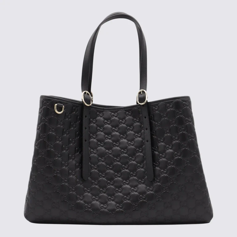 Gucci Black Leather Emblem Big Totes