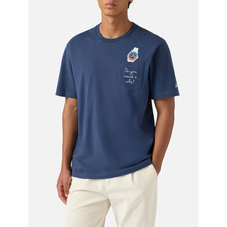 Mc2 Saint Barth Connor Cotton T-Shirt Blue With Do You Want A Cola? Pocket Embroidery - Men