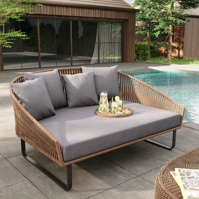 Rattan Outdoor Daybed with Gray Cushion Pillow & Aluminum Frame (63" Width)