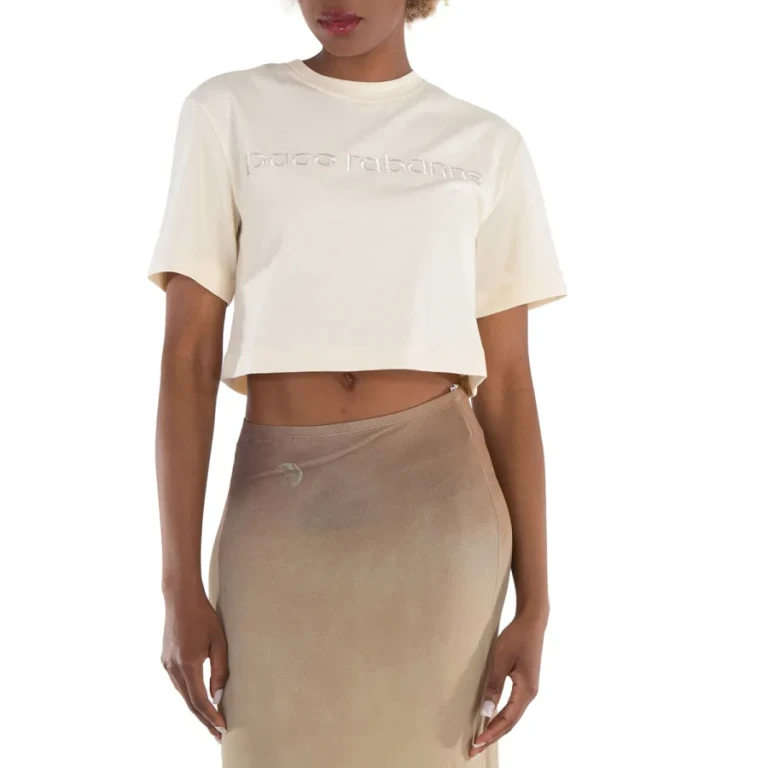 Rabanne Ladies Nude Logo-Embroidered Cropped T-Shirt