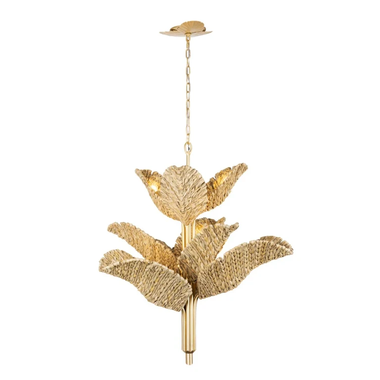 Banana Leaf 9-Light Chandelier in French Gold with Natural Seagrass