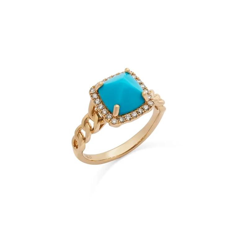 Turquoise & Diamond Halo Ring in 14K Yellow Gold