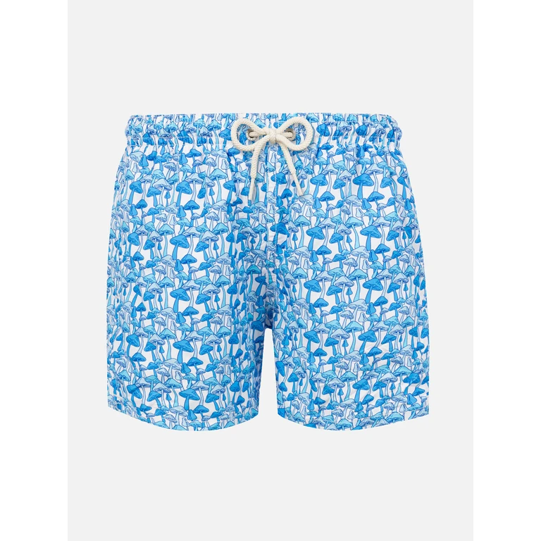 Mc2 Saint Barth Boy Light Fabric Swim Shorts With Blue Mushrooms Print Sky Swimshort