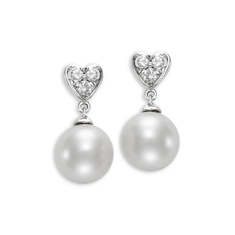 Cultured Freshwater Pearl & Diamond Heart Drop Earrings in 14K White Gold