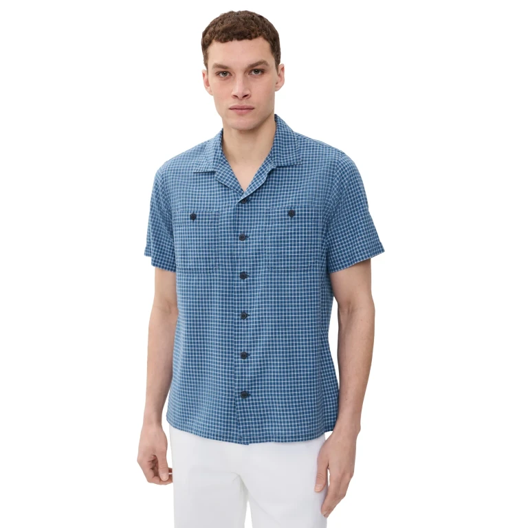 Polo Ralph Lauren Billy Short Sleeve Plaid Collared Shirt Indigo Cream M