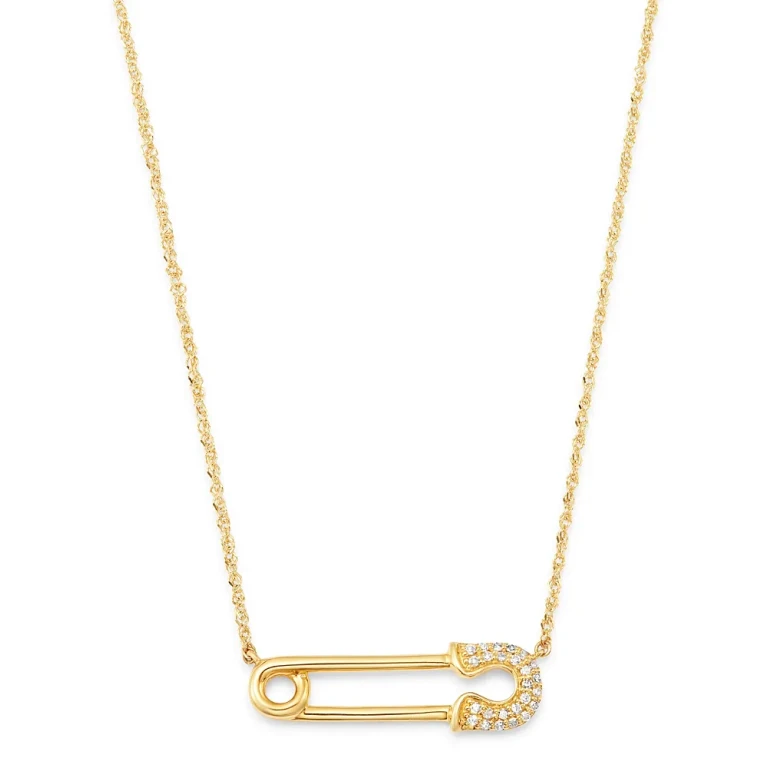 Diamond Safety Pin Pendant Necklace in 14K Yellow Gold, 0.10 tcw