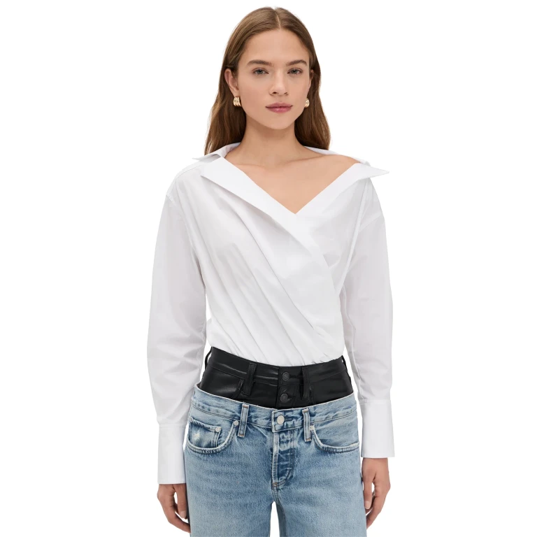 Good American Off Shoulder Poplin Thong Bodysuit White001 L