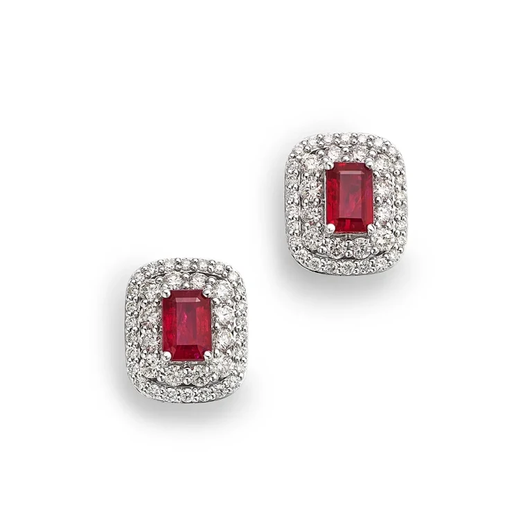 Ruby & Diamond Double Halo Statement Stud Earrings in 14K White Gold