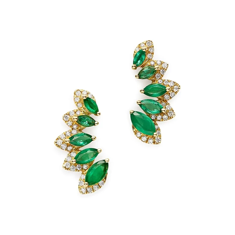 Emerald & Diamond Climber Earrings in 14K Yellow Gold
