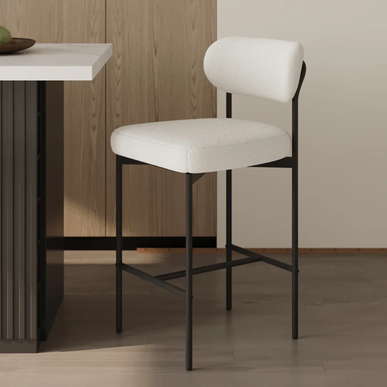 Modern Boucle White Counter Stool Set of 2 with Back & Footrest