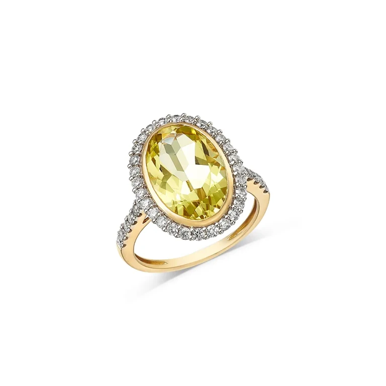 Fine Collection Lemon Quartz & Diamond Halo Ring in 14K Yellow Gold