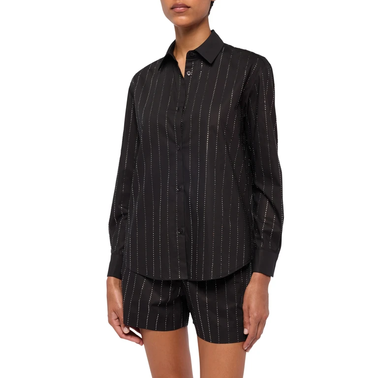 Mc2 Saint Barth Meredith Cotton Popeline Classic Shirt With Striped Rhinestone Embellishment Black - Women
