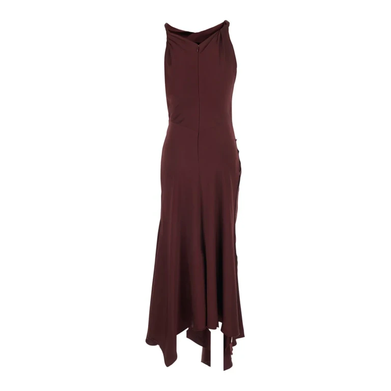Victoria Beckham Bordeaux Draped Neck Midi Dress With Asymmetric Hem For Women