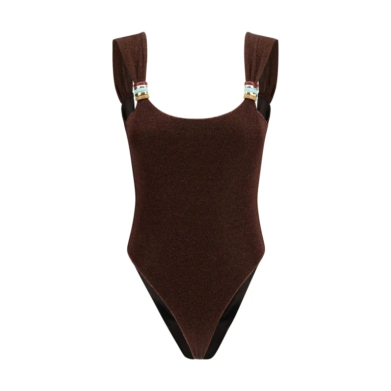 Oseree One-piece Swimsuit lumiere With Straps With Ring Detail In Brown Tech Fabric For Women