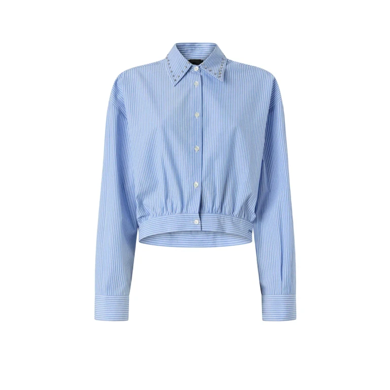 Pinko Charita Shirt With Collar Decoration And All-over Stripes In Blue Cotton para mulher