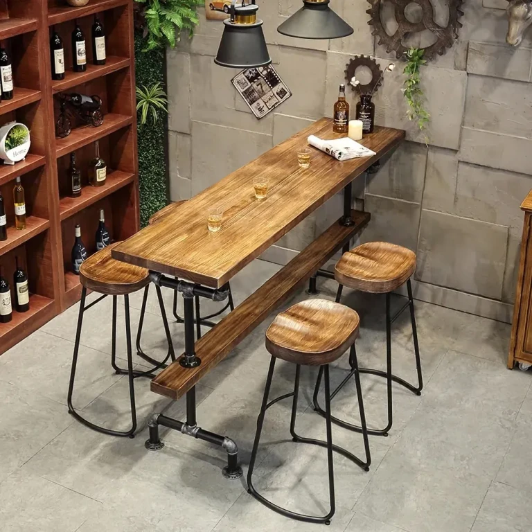 Industrial Long Bar Height Table Set for 6 Wooden Breakfast Table and Bar Stools with Footrest