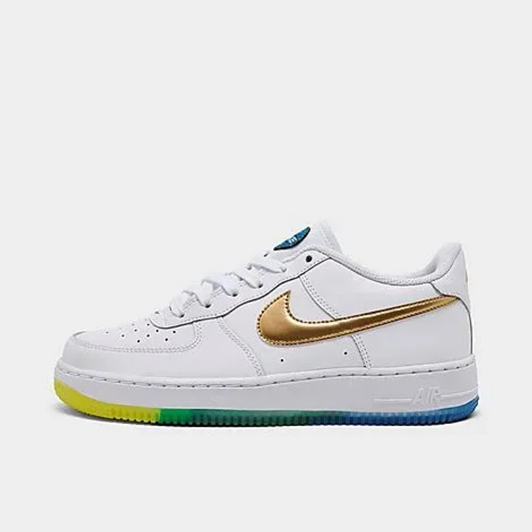 Nike Big Kids Air Force 1 Low Casual Shoes in White/Metallic Gold/Soar Size: 3.5