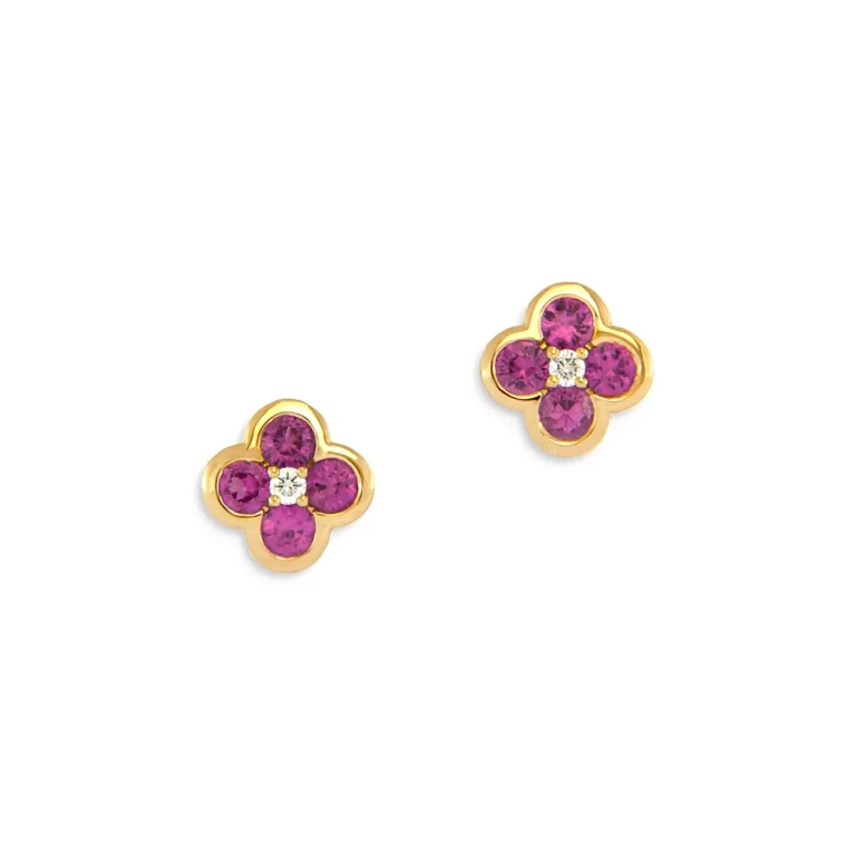 Pink Sapphire & Diamond Bezel Clover Stud Earrings in 14K Yellow Gold