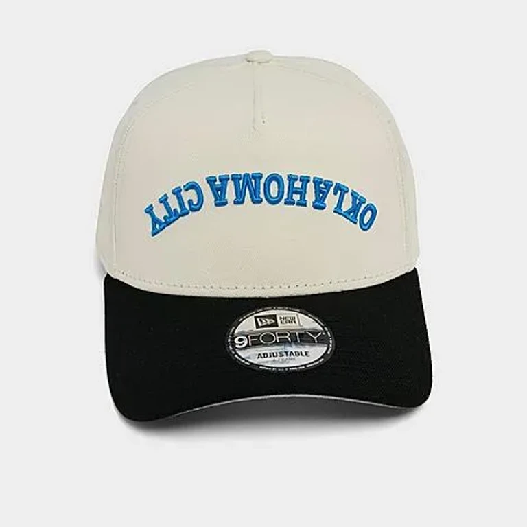 New Era Oklahoma City Thunder NBA 9FORTY A-Frame Upside Down Wordmark Snapback Hat in Chrome/Black/Blue