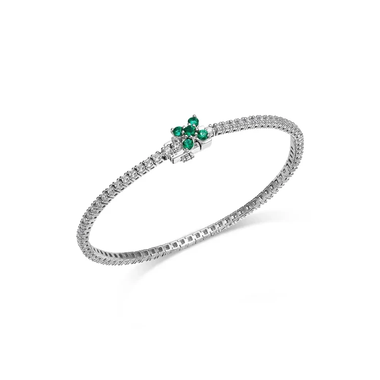 Emerald & Diamond Clover Tennis Bracelet in 14K White Gold