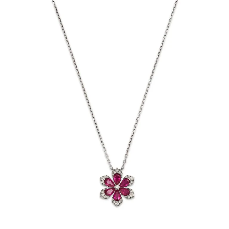 Ruby & Diamond Flower Pendant Necklace in 14K White Gold, 18