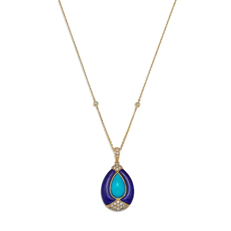 Turquoise, Lapis & Diamond Teardrop Pendant Necklace in 14K Yellow Gold, 18