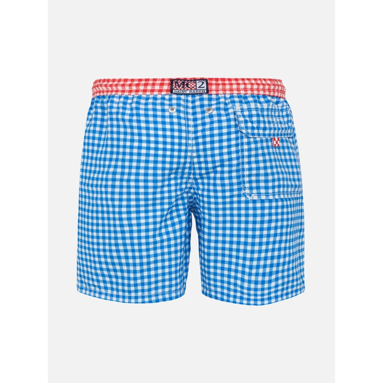 Mc2 Saint Barth Boy Swim Shorts With Gingham Print Blue Swimshort