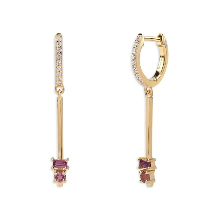 14K Yellow Gold Rhodolite, Pink Tourmaline & Diamond Dangle Hoop Earrings
