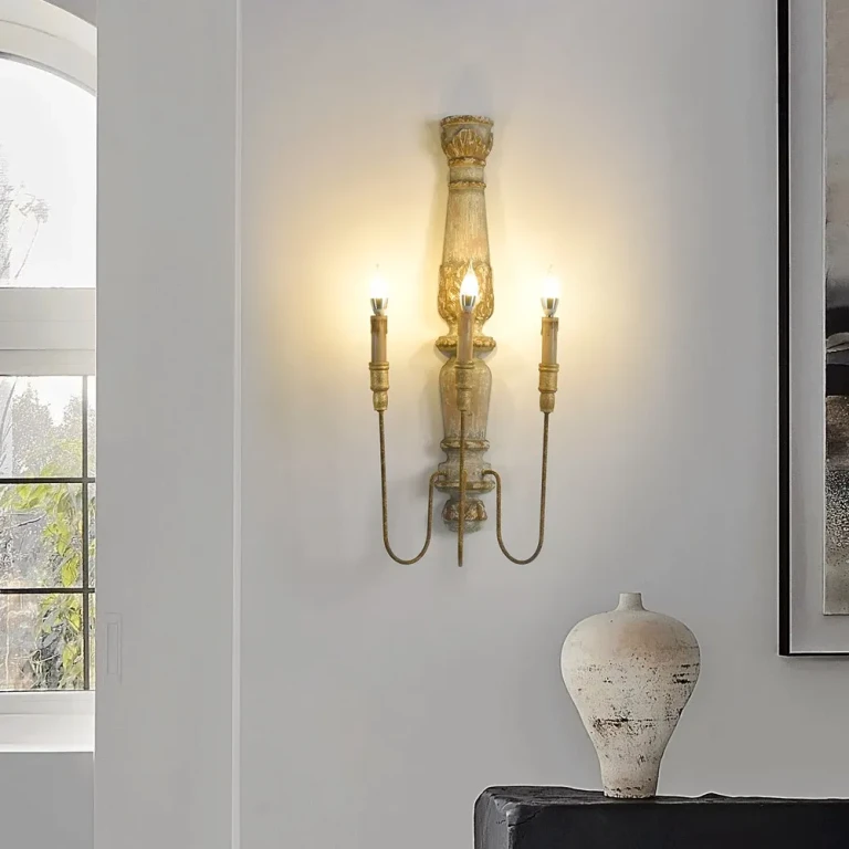 French Country 3-Light Wood Candle Wall Sconce Distressed Carved Design