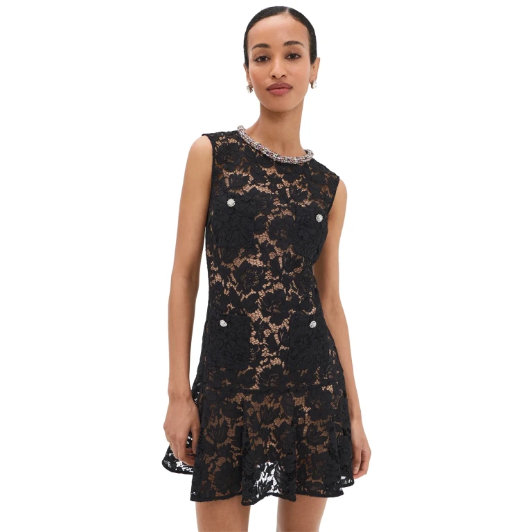 Self-Portrait 黑色蕾丝水晶迷你连衣裙