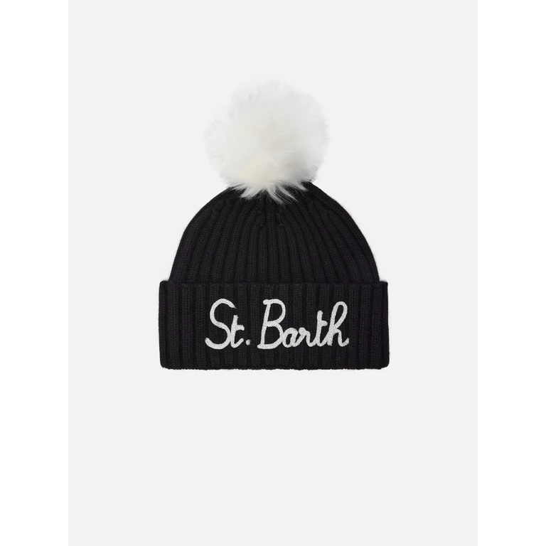 Mc2 Saint Barth Wengen Beanie Cashmere Blend Black With St. Barth Embroidery And Pom-Pom Hat - Unisex