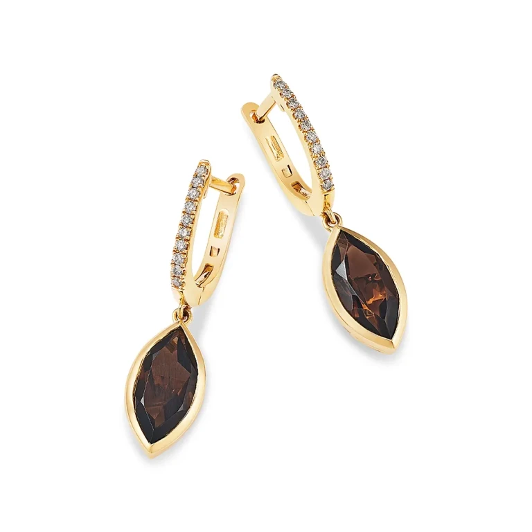 Smokey Quartz & Diamond Dangle Huggie Hoop Earrings in 14K Yellow Gold