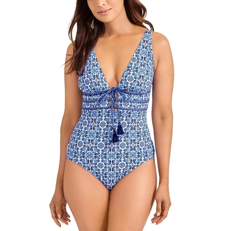 Tommy Bahama Terrazzo Tile Tie Front One Piece Swimsuit
