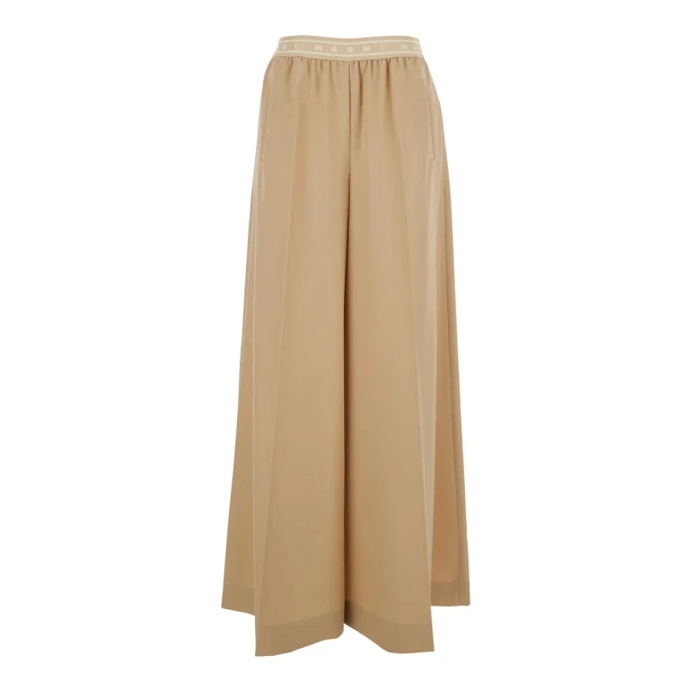 Marni Beige Pants With Elastic Waist And Logo Lettering In Wool Woman