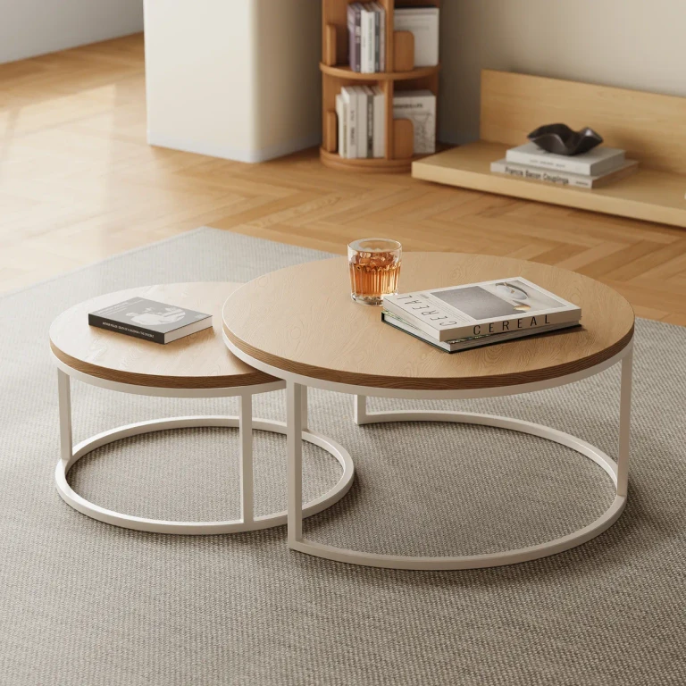 Fero 2 Pieces Modern Walnut & Black Round Nesting Coffee Table for Living Room