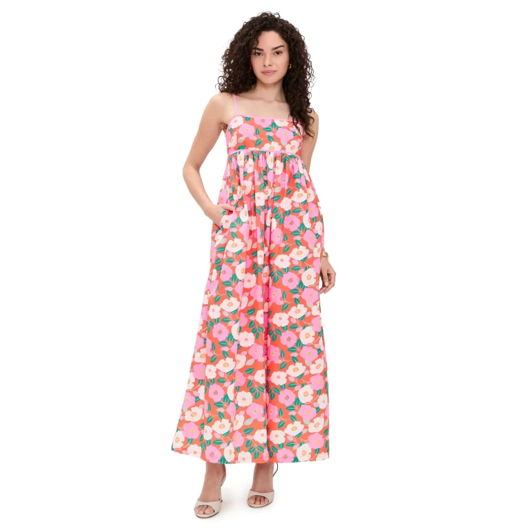 English Factory Print Empire Waist Maxi Dress Coral Orange Multi L