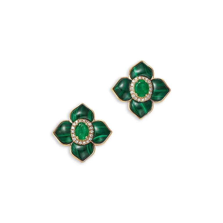 Emerald, Malachite & Diamond Clover Earrings in 14K Yellow Gold