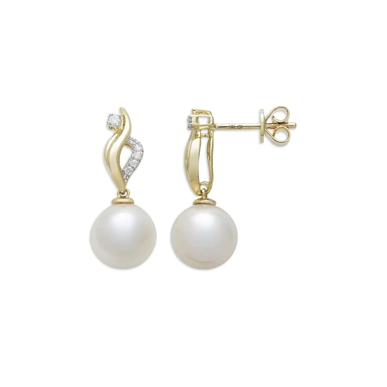 Cultured Freshwater Pearl & Diamond Swirl Drop Earrings in 14K Yellow Gold