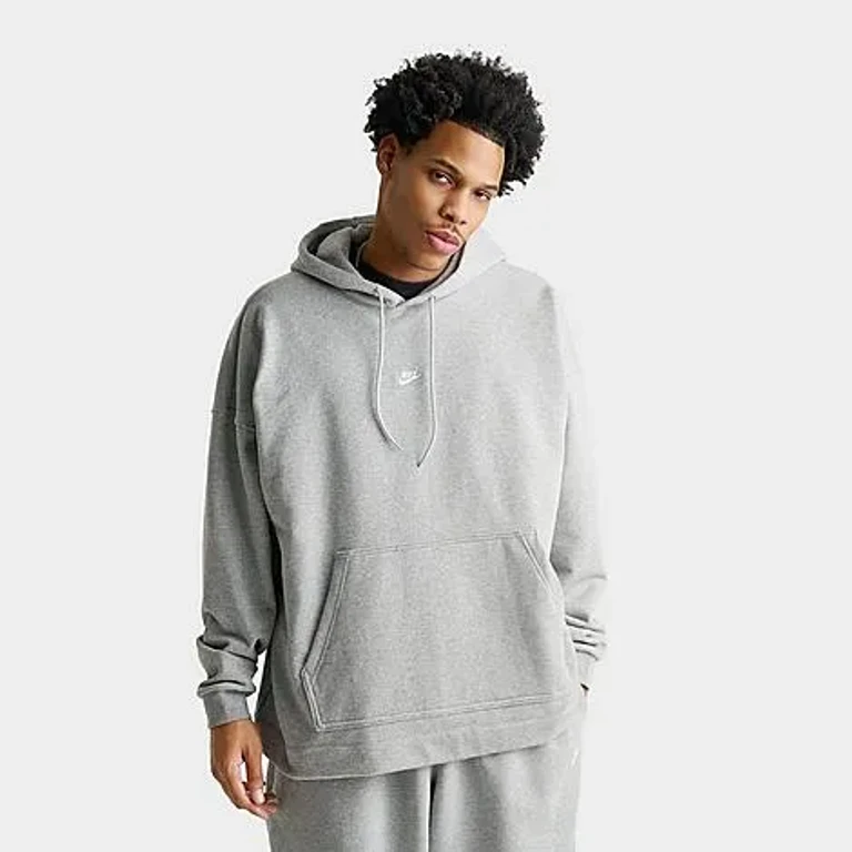 Nike Men's Sportswear Club Oversized French Terry Pullover Hoodie in Dark Grey Heather/Light Smoke Grey/White Size: Small