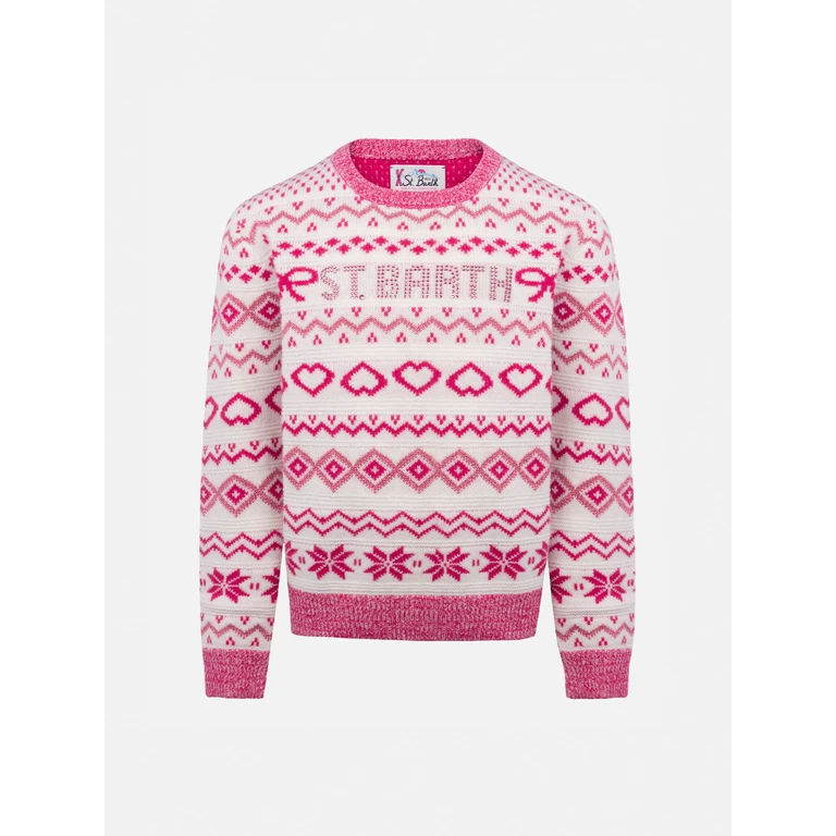 Mc2 Saint Barth Girl Fair-Isle Crewneck Sweater Princess With St. Barth Rhinestones Logo Pink