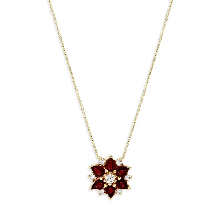 Ruby & Diamond Flower Pendant Necklace in 14K Yellow Gold, 16