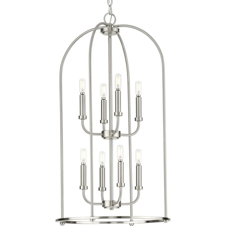 Brushed Nickel Eight Light Foyer Pendant from the Leyden Collection