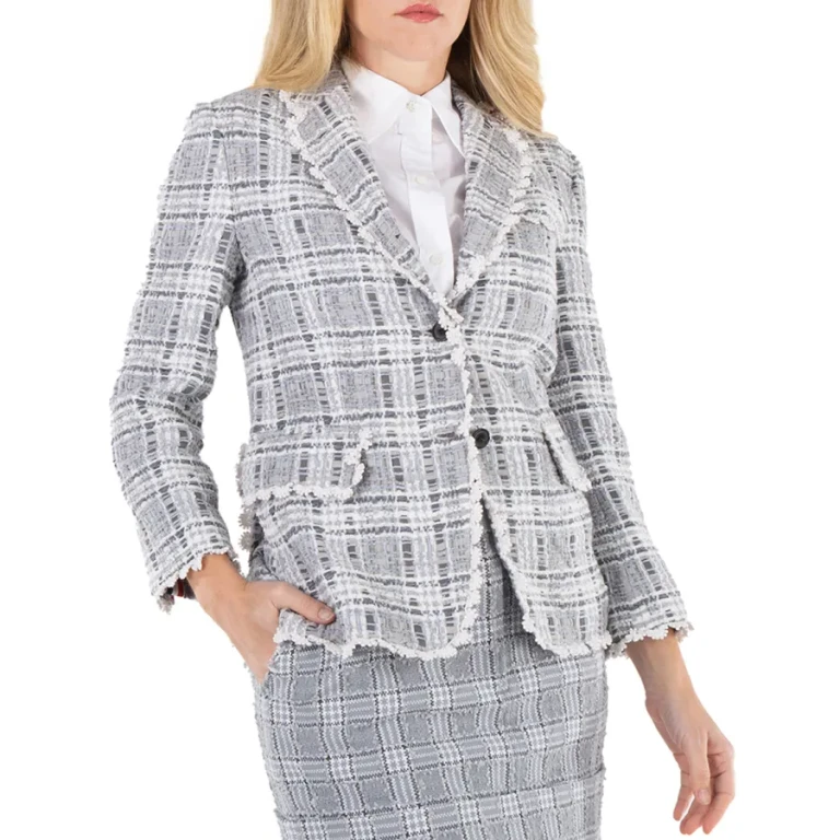 Thom Browne Ladies Med Grey Prince Of Wales Chenille Tweed Wave Classic Sport Coat