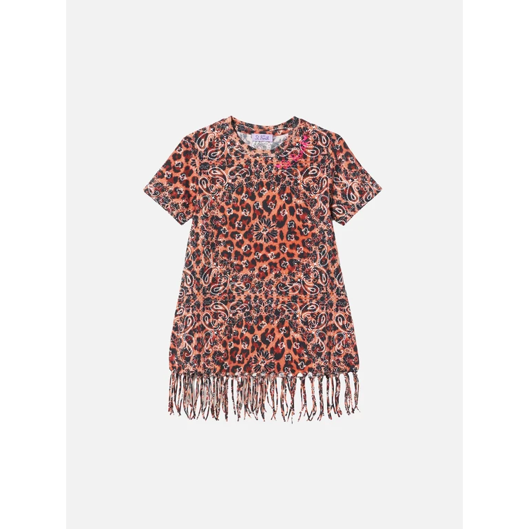 Mc2 Saint Barth Girl Leopard Cotton Dress With Fringes Yellow