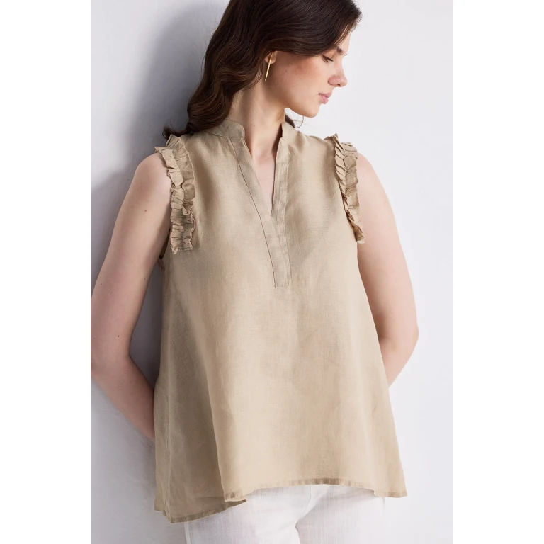 Sleeveless Hemp Top with Ruffles in Neutral Beige