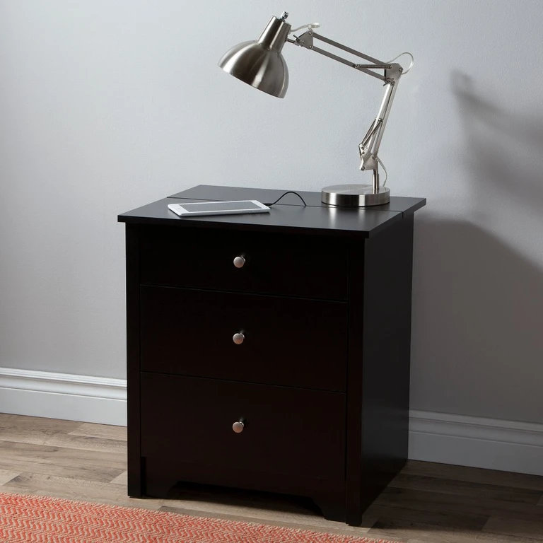 Vito Black Nightstand with Charging Station with Drawers - South Shore